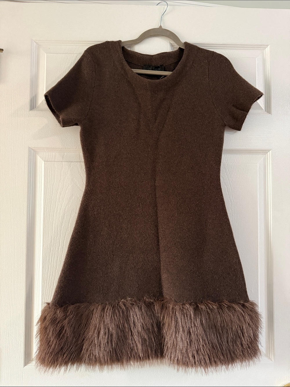 Zara Brown Short Sleeve Dress with Faux Fur Hem